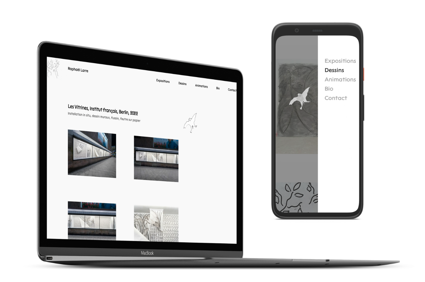 Mockup of a phone and a laptop with the new web portfolio for a French artist
